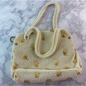 Vintage Corde Bead Lumured Ivory Floral Beaded Handbag Purse